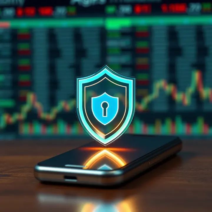 Security and Benefits of Market Trading Apps Illustration of security shield protecting digital trading transactions on a mobile device