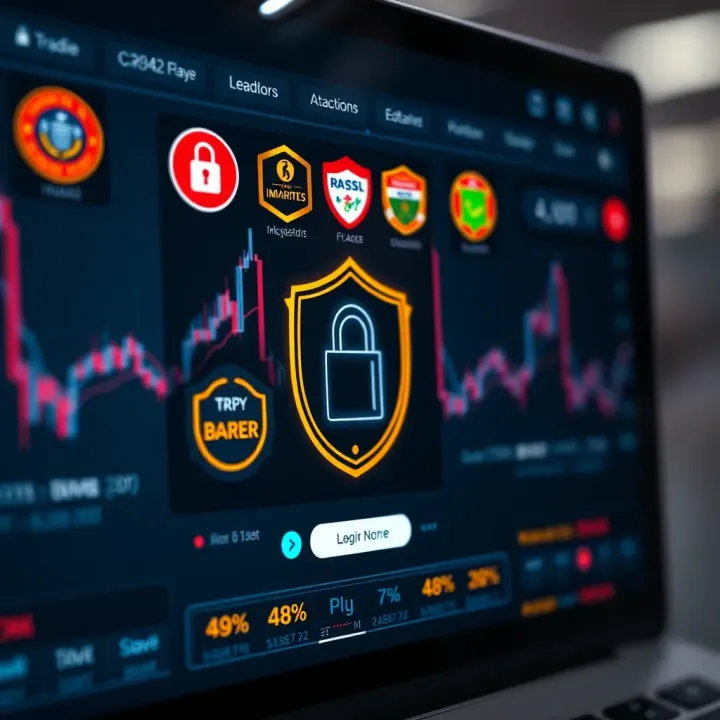 Secure digital interface showing regulatory compliance badges and secure login features