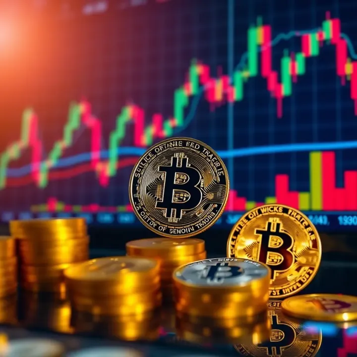 Illustration of digital cryptocurrency symbols with option trading charts and graphs in the background