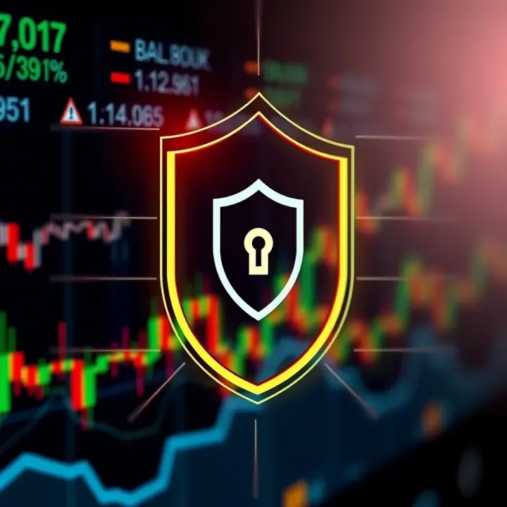 Graphic illustrating security features with a shield icon and financial data symbols