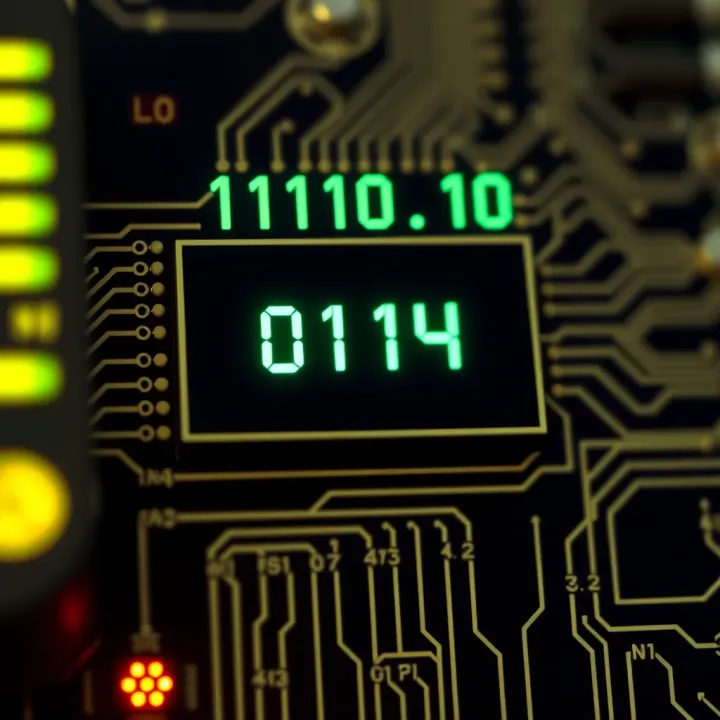 Example of binary subtraction illustrating the calculation steps and output on a digital circuit