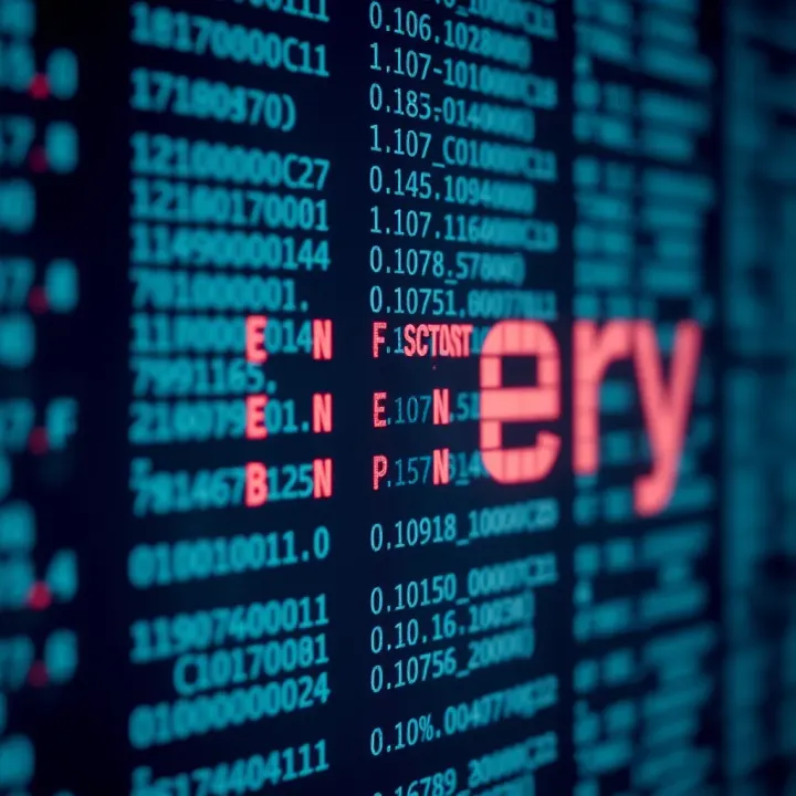 Illustration showing a binary code stream transforming into readable text on a digital screen