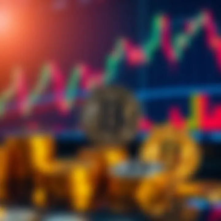 Illustration of digital cryptocurrency symbols with option trading charts and graphs in the background