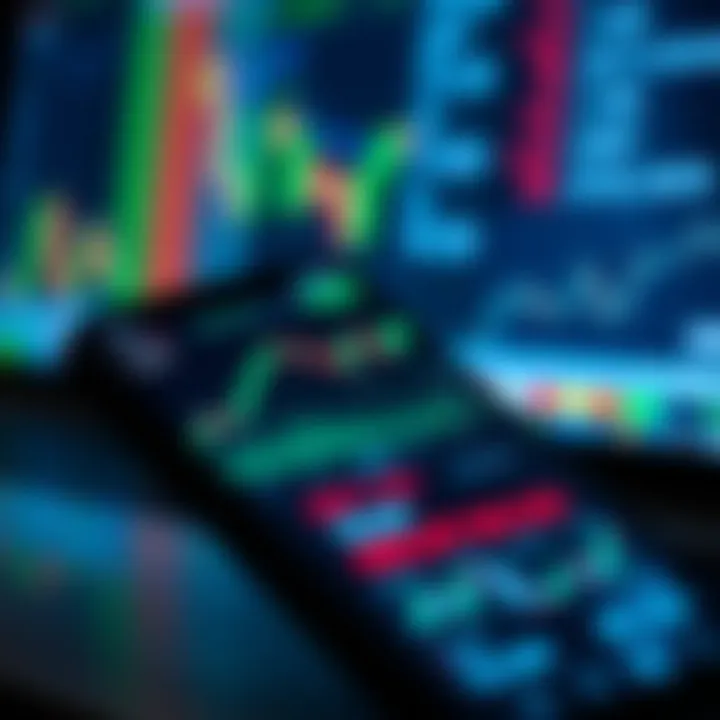 Mobile device displaying a forex trading app interface with currency charts and market trends