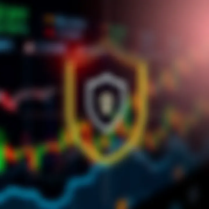 Graphic illustrating security features with a shield icon and financial data symbols