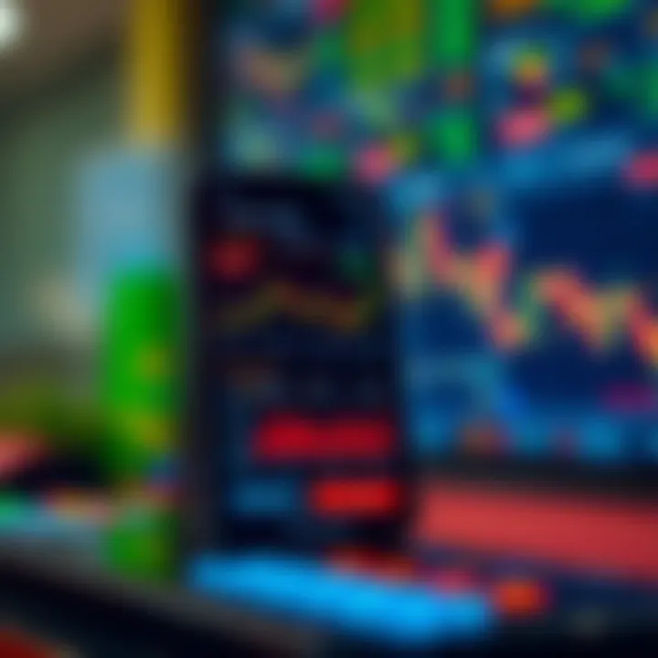 Mobile phone displaying stock market trends and trading options within a paper trading platform
