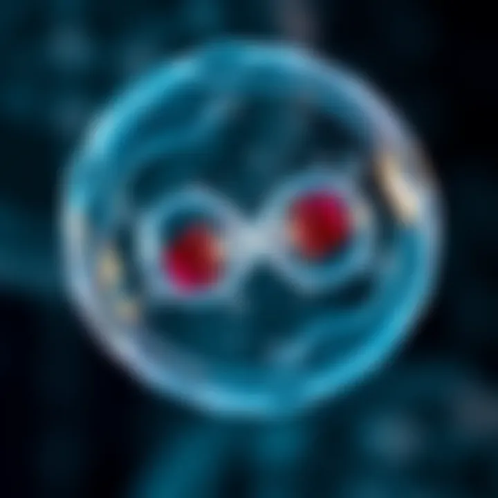 Illustration of a cell dividing into two identical daughter cells after genetic material duplication