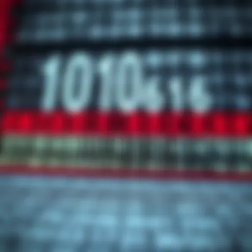 Illustration of binary digits being converted into hexadecimal numbers with arrows and labels