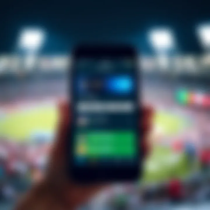 Smartphone screen displaying a cricket trading app interface with live match updates and trading options