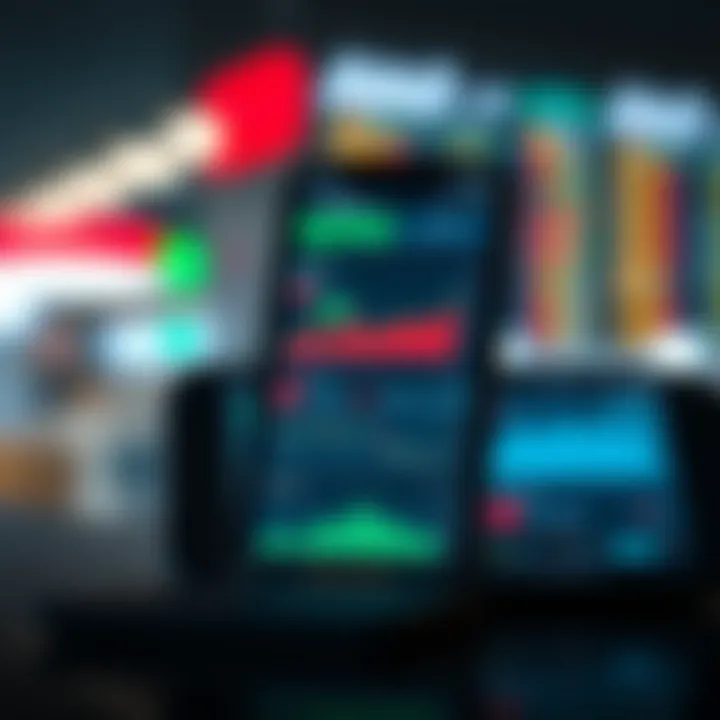 Mobile device displaying various trading app features including charts and market data
