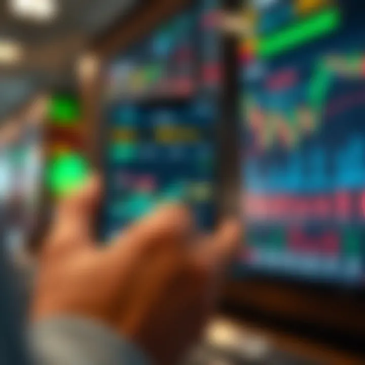 User interacting with a mobile trading platform displaying charts and analytics
