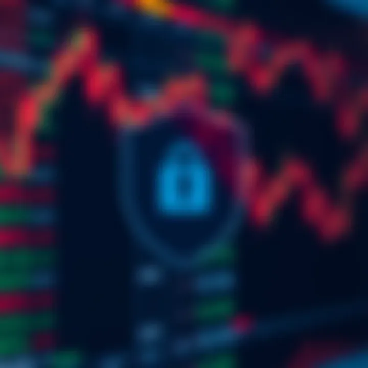 Security shield symbol overlaid on a digital stock market background