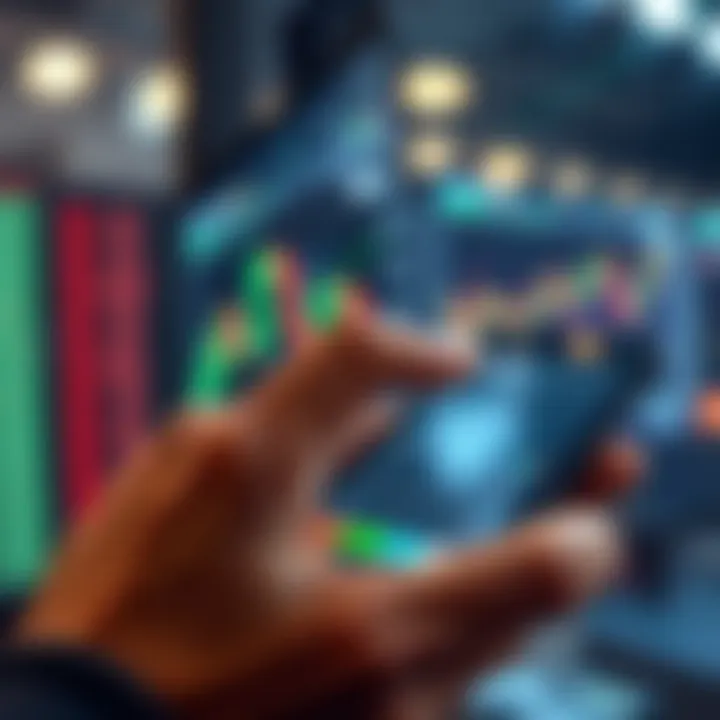 User interacting with a mobile trading platform displaying stock charts and market data