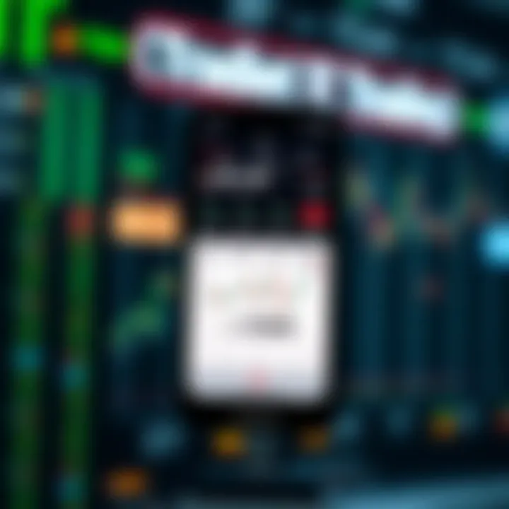 Mobile phone screen displaying a trading app interface with charts and stock market data