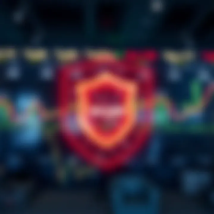 Illustration of security shield with financial icons representing secure trading environment