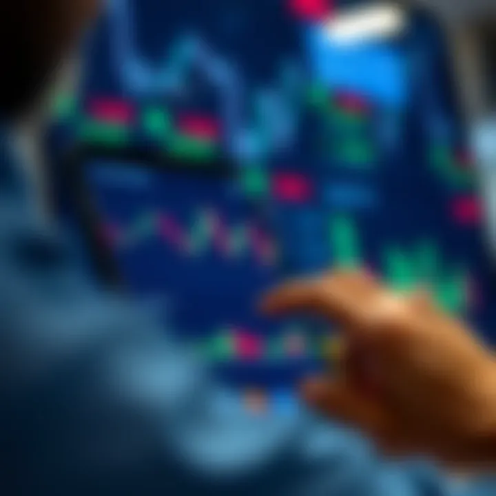 User interacting with a mobile trading platform displaying stock charts and market data