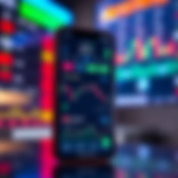 Mobile phone displaying a user-friendly trading app interface with colorful charts and options