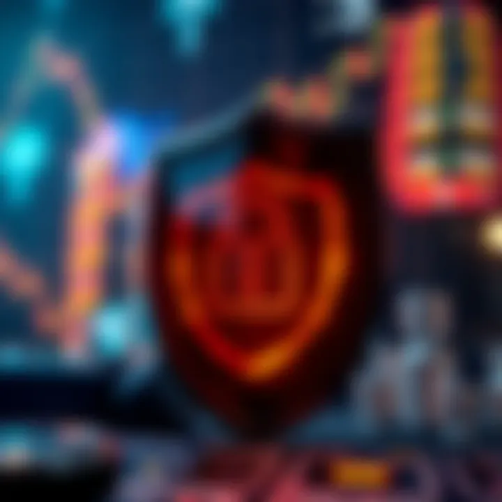 Illustration showing security shield with a lock symbol and digital financial icons representing secure trading