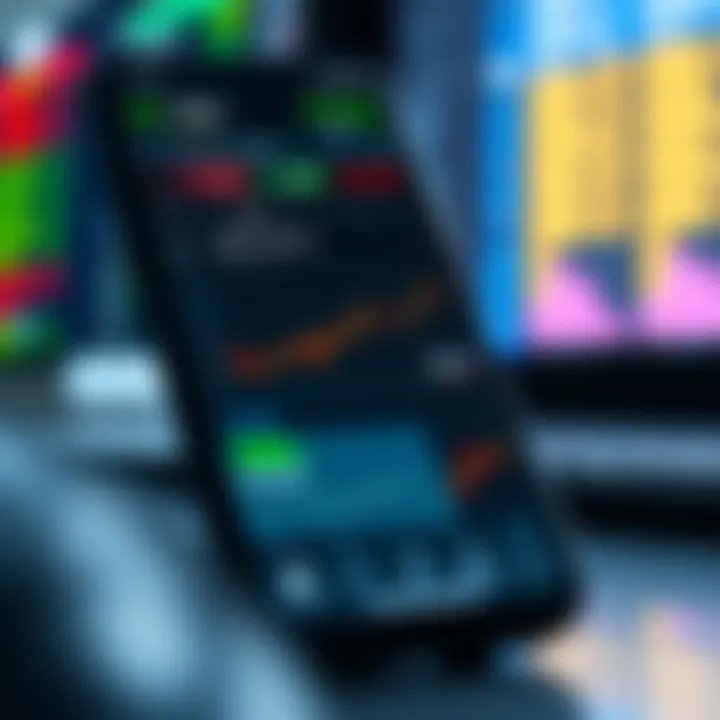 Mobile phone screen displaying various trading app interfaces with charts and stock information