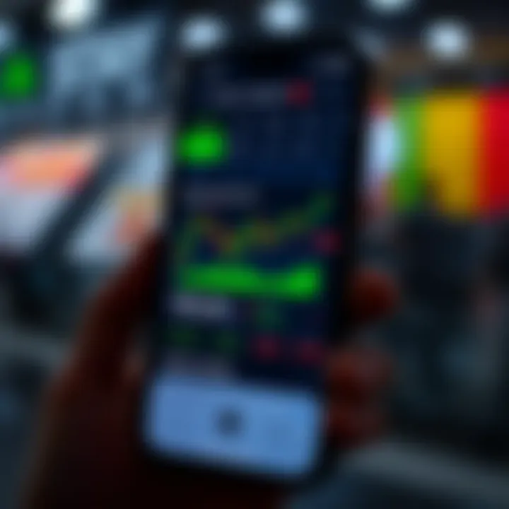 Mobile phone displaying a trading app interface with charts and stock information