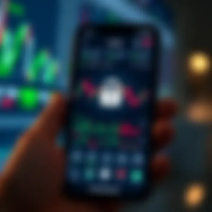 Mobile device displaying a secure trading application interface with charts and lock icon