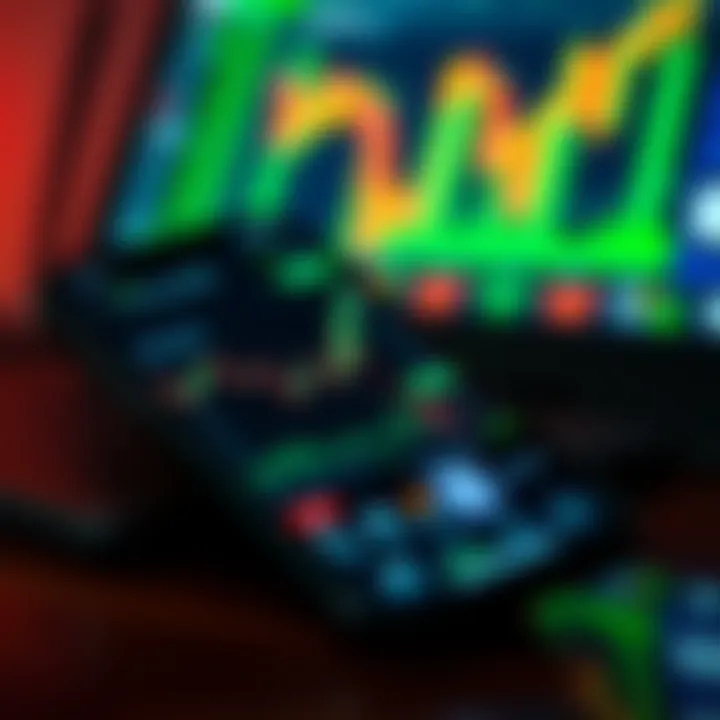 Mobile phone displaying an online stock trading app interface with candlestick charts and market data