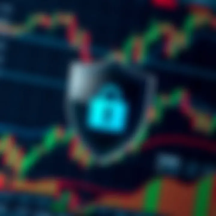 Secure digital shield icon overlaid on stock market graphs symbolizing online trading security