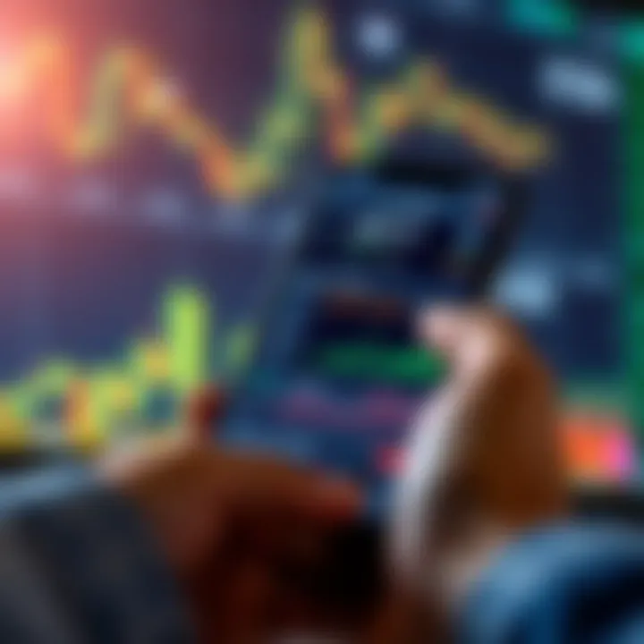 Mobile phone displaying a live trading app interface with stock charts and market indicators