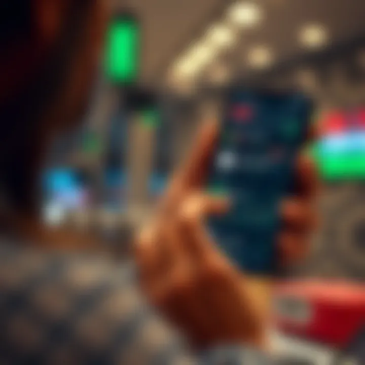 User interacting with a mobile app displaying stock market charts and trade options