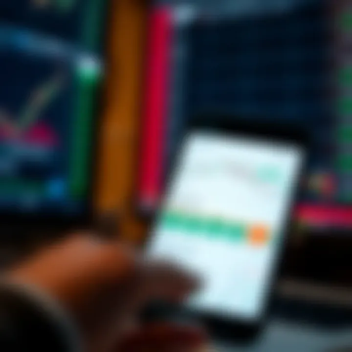 Mobile phone displaying a stock trading app interface with charts and portfolio overview