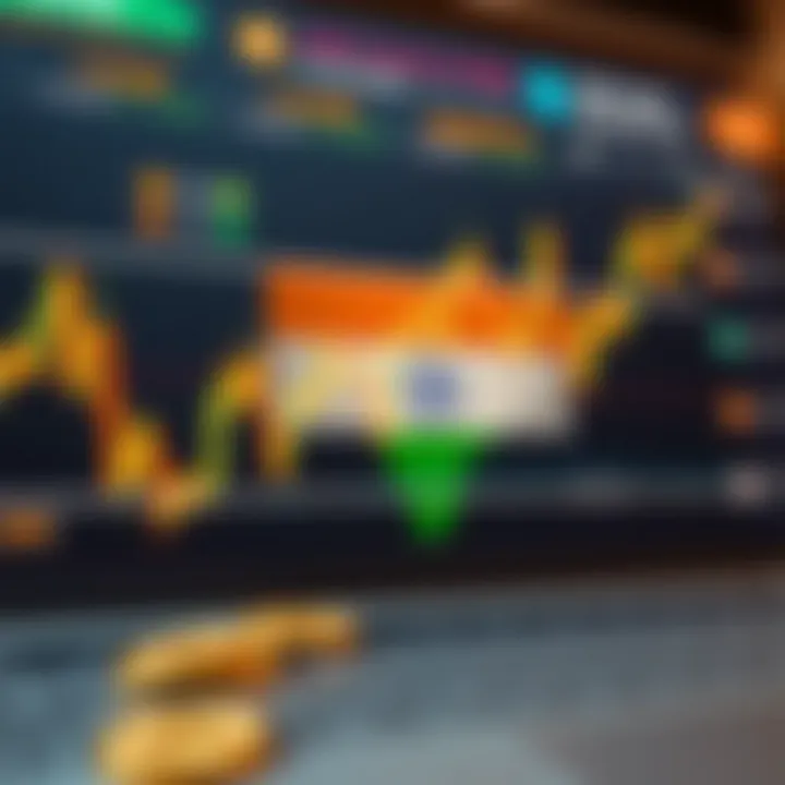 Graph showing cryptocurrency market trends with Indian flag overlay and regulatory icons