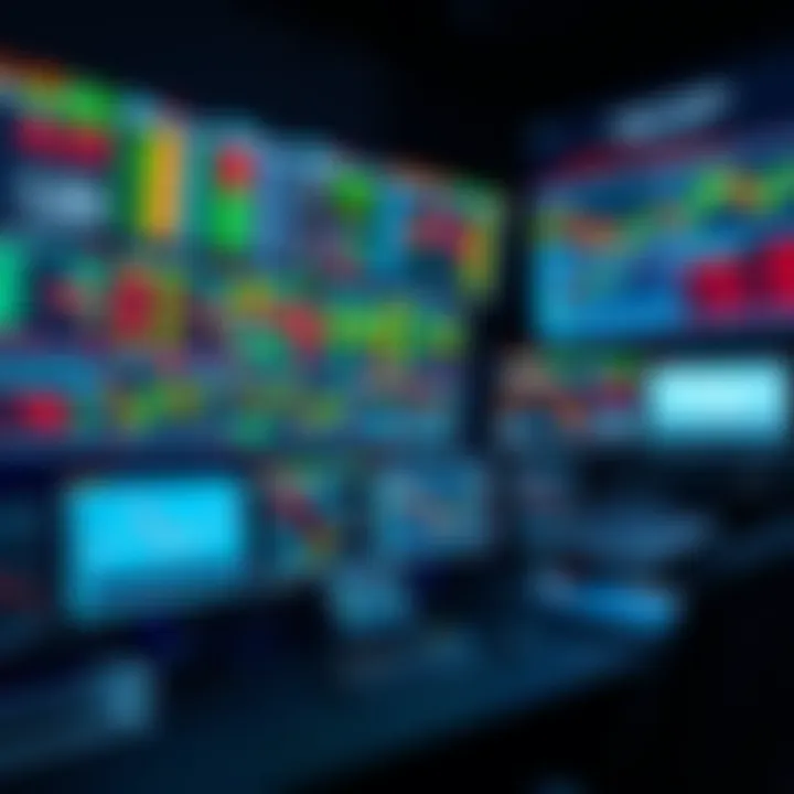 Trading desk setup featuring multiple screens showing stock market data and analytics