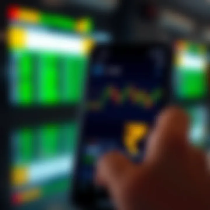 Smartphone displaying a forex trading app interface with currency exchange charts and Indian rupee symbol