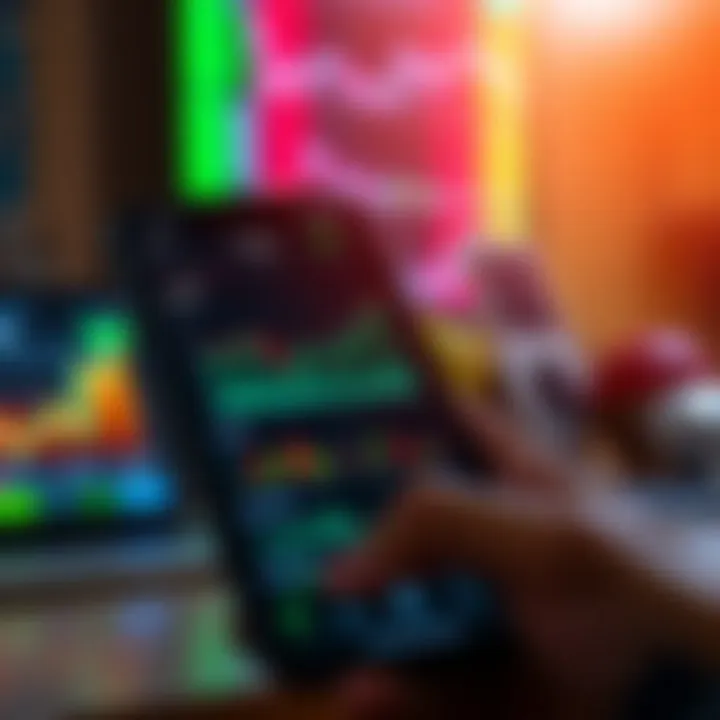 Mobile device displaying a digital stock market trading app interface with charts and graphs