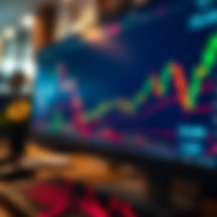 Close-up of forex trading charts with rising candlesticks on computer screen