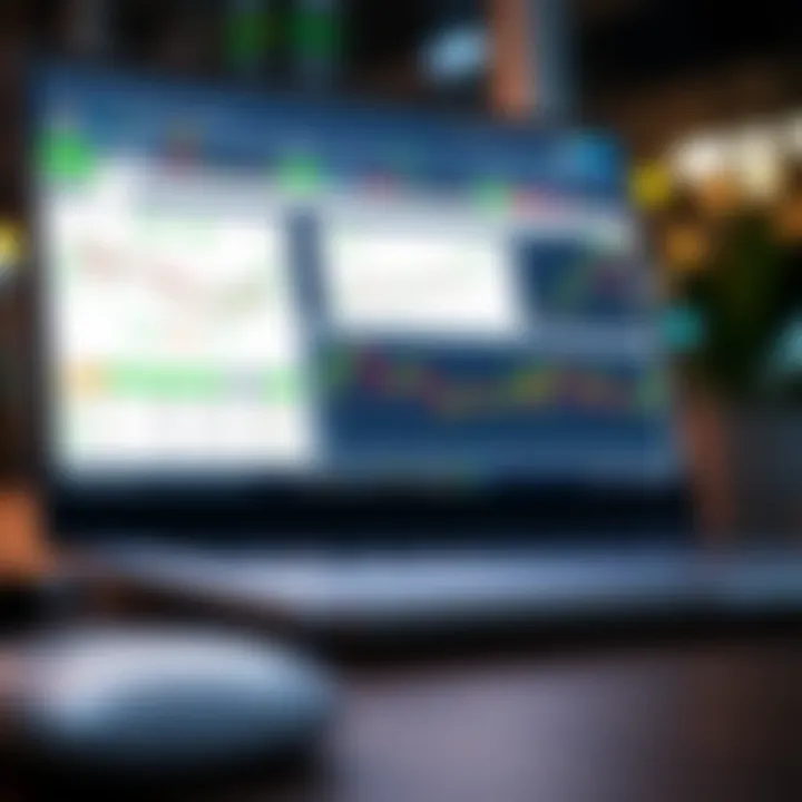 Laptop screen displaying interactive forex trading course modules with charts and market analysis