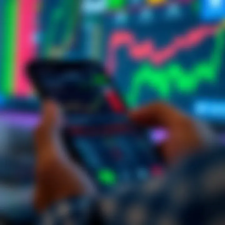 Smartphone displaying various stock market charts and trading options on an online trading app interface