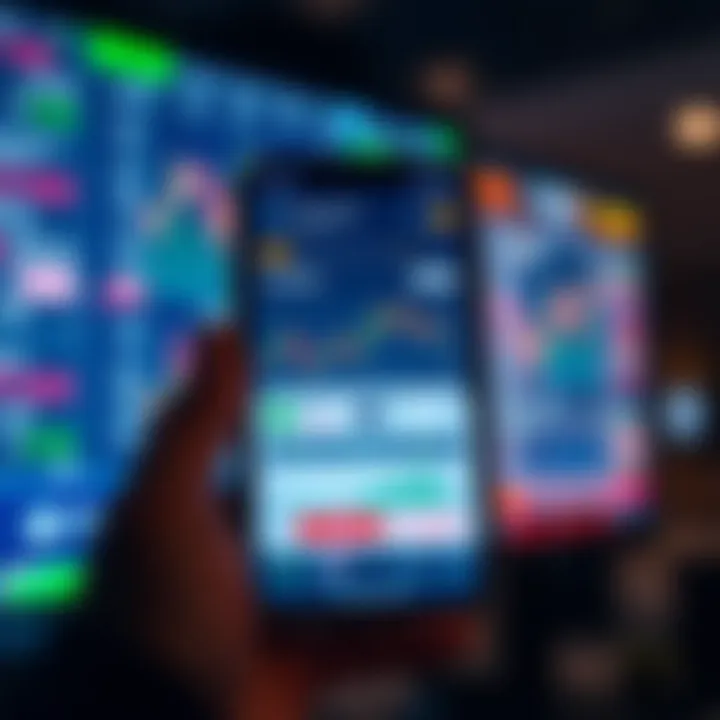 Mobile phone screen displaying a stock trading app interface with charts and market data