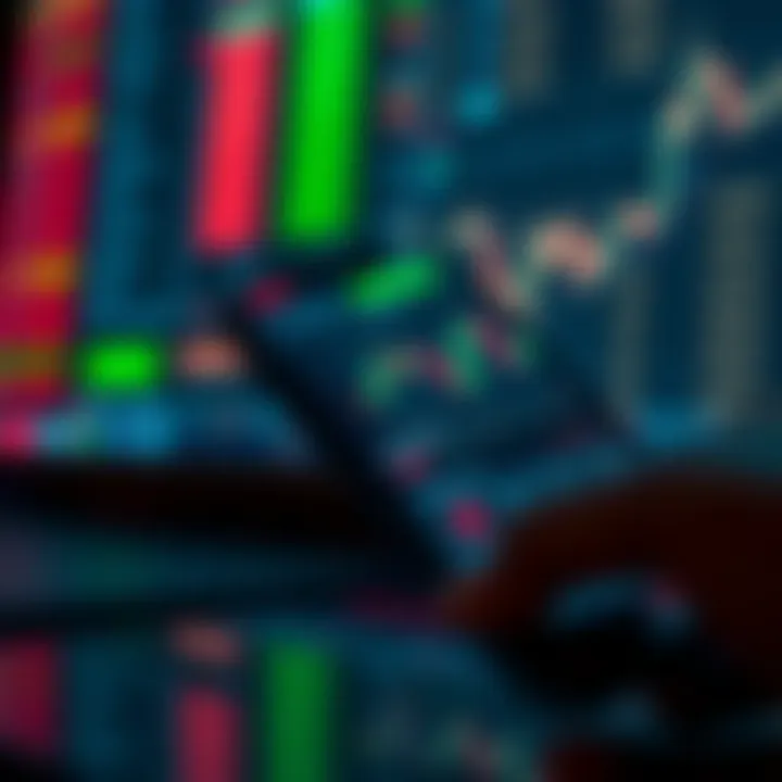 Mobile phone displaying trading app interface with stock charts and financial data