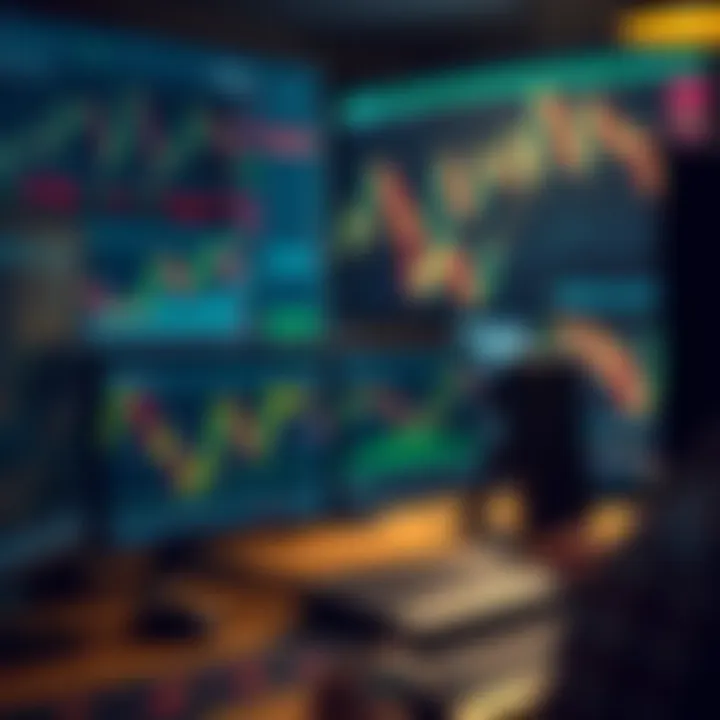 Applying Candlestick Patterns for Effective Trading and Risk Management Trading desk setup with multiple screens showing candlestick charts and risk management strategies