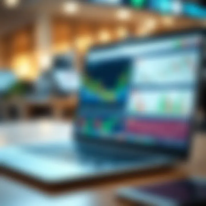 Illustration of a laptop displaying forex trading charts and graphs on screen