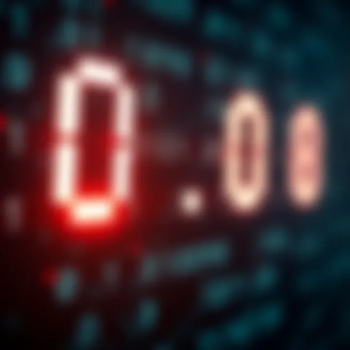 Visual representation of binary digits zero and one glowing on a dark background symbolizing digital data