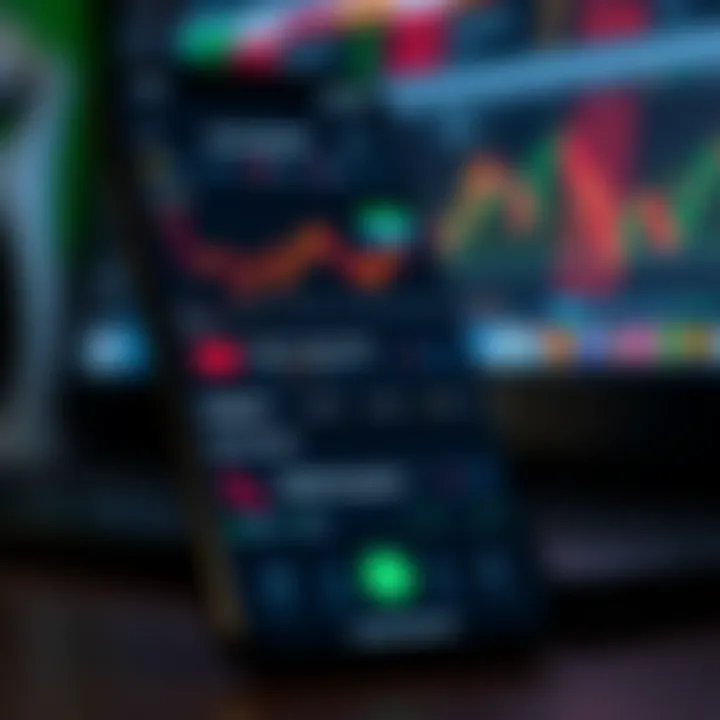 Mobile phone screen displaying various financial charts and trading options on a low deposit trading app interface