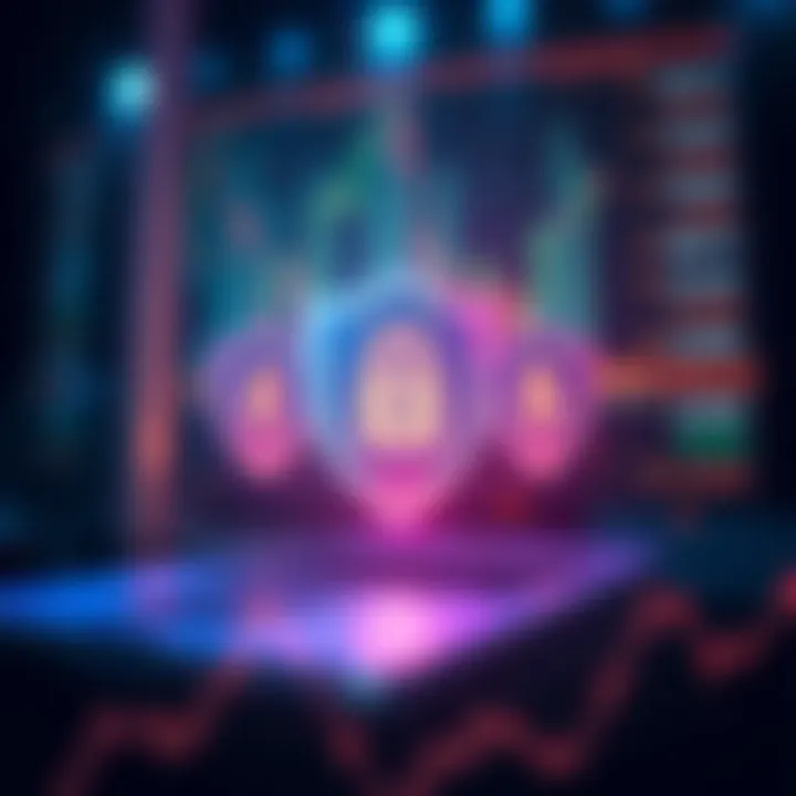 Conceptual illustration of secure online trading with digital shields and currency symbols