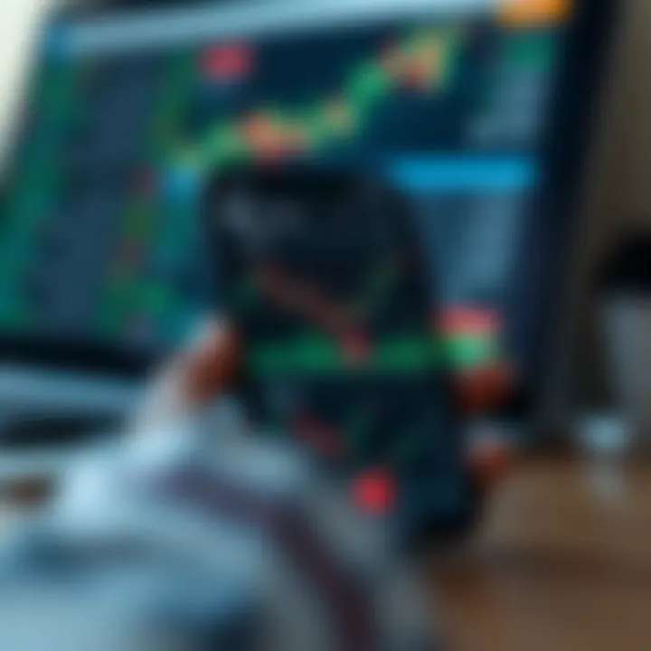 Mobile phone displaying a trading app interface with graphs and market data