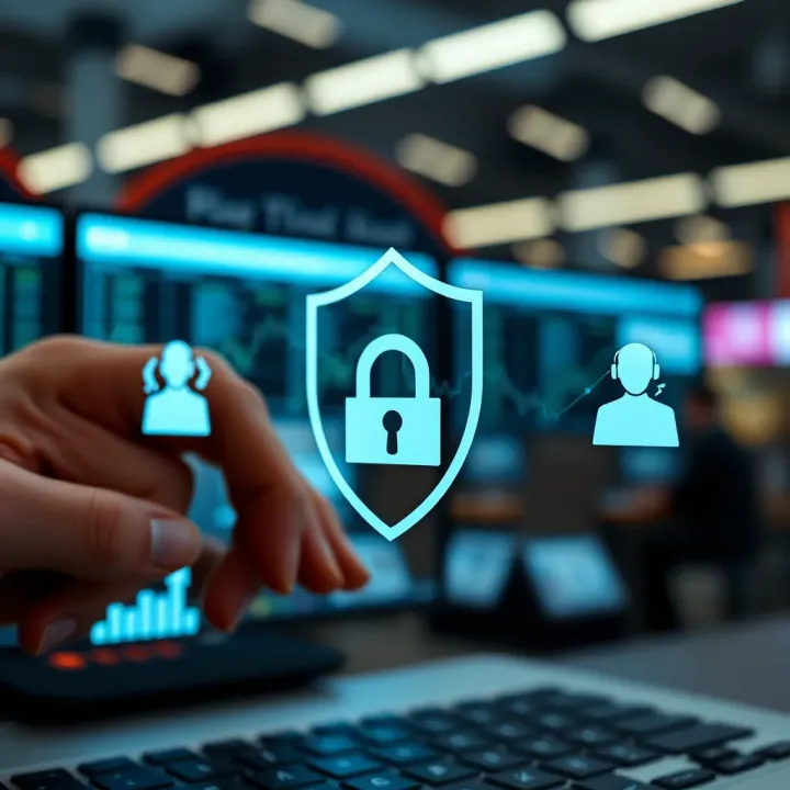 Graphic depicting a secure financial transaction with regulatory shield and customer support icons