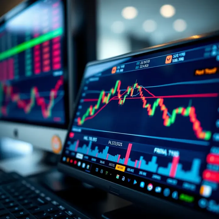 Illustration showing a digital forex trading platform with currency pair charts and analytics