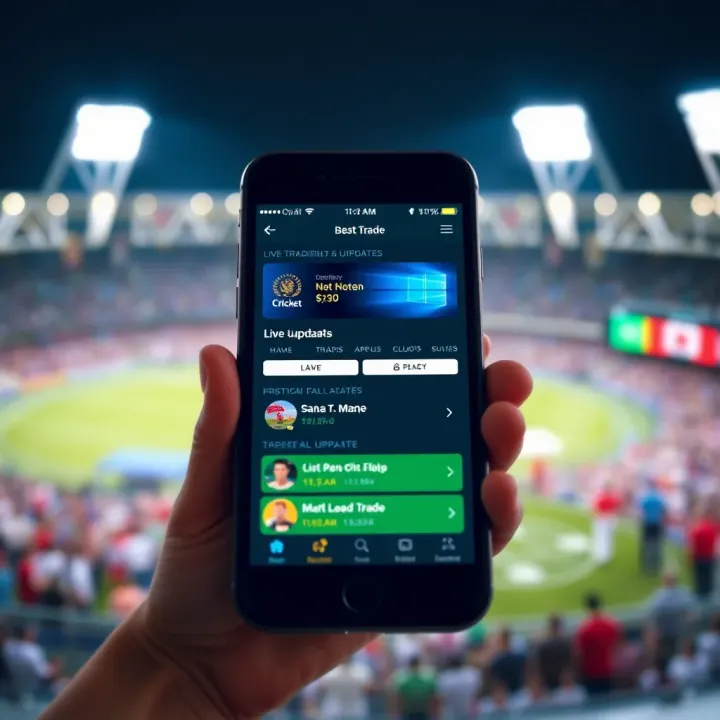 Smartphone screen displaying a cricket trading app interface with live match updates and trading options