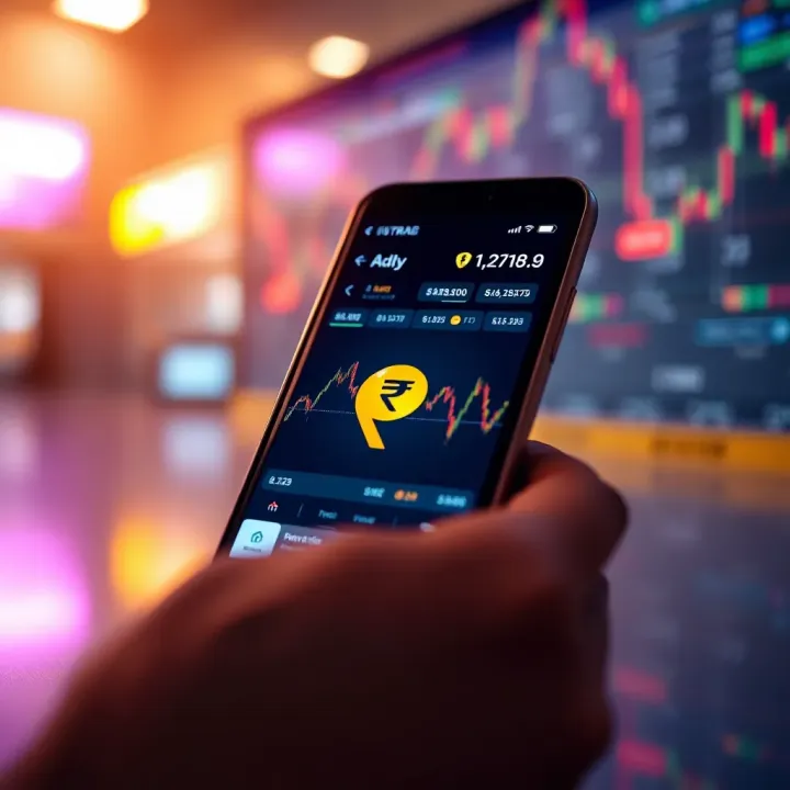 Smartphone displaying a secure cryptocurrency trading platform with Indian Rupee symbols