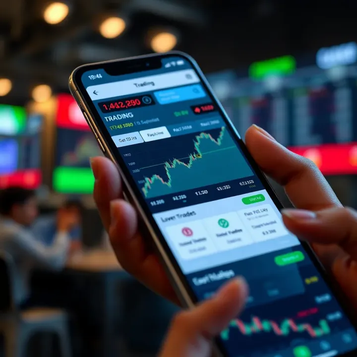 Mobile phone displaying a user-friendly trading app interface with stock market charts and investment options